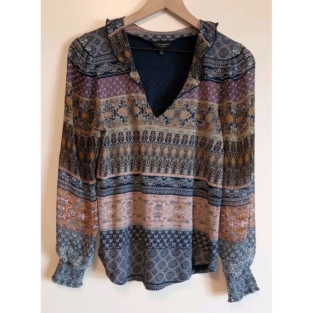 Lucky Brand M Boho Scarf Print Blouse Semi Sheer Balloon Sleeve Rayon Top